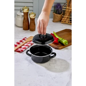 Emaye Kapaklı Mini Kızartma Tenceresi 14 cm Yağsız Pişirme Pratik Kullanım Kolay Temizlik Siyah