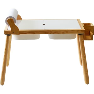 Woodnjoy Doğal Ahşap Duyusal Çocuk Aktivite Masası Oyun Masası ve Çocuk Çalışma Masası (Rulo Aparatlı,Rulo Kağıdı ve Kırtasiye Istasyonlu)