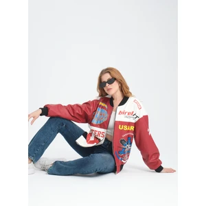 Black Level Kadın Oversize Baskılı Deri Motorcu Montu Fermuarlı Yarışçı Ceket Astarlı Bomber Kolej Mont