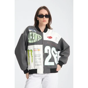 Black Level Kadın Oversize Baskılı Deri Motorcu Montu Fermuarlı Yarışçı Ceket Astarlı Bomber Kolej Mont