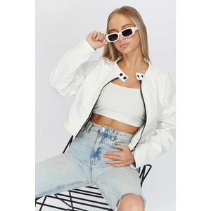 Black Level Kadın Oversize Fermuarlı Yaka Çıt Çıtlı Omuz ve Etek Beyaz Desenli Kolej Yarışçı Ceket Motorcu Mont