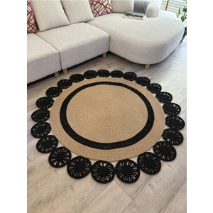 Buganvilla Hasır-Siyah Jüt Çiçek Desenli El Dokuma Antre Salon Mutfak Yatak Odası Kilim Paspas