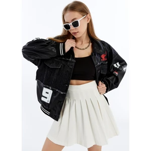 Kadın Oversize Deri ve Kot Birleşimi Baskılı Kolej Mont Ribanalı Bomber Ceket Motorcu Yarışçı Mont