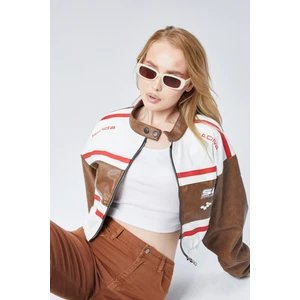 Kadın Deri Baskılı Şeritli Ceket Beli ve Kolu Lastikli Kolej Hakim Yaka Bomber Yarışçı Motorcu Mont