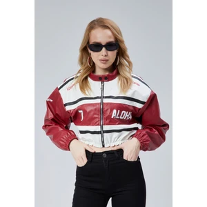 Kadın Deri Baskılı Şeritli Ceket Beli ve Kolu Lastikli Kolej Hakim Yaka Bomber Yarışçı Motorcu Mont
