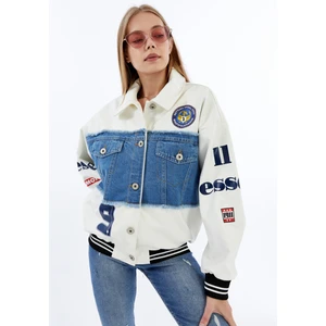 Kadın Oversize Deri ve Kot Birleşimi Baskılı Kolej Mont Ribanalı Bomber Ceket Motorcu Yarışçı Mont