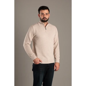 Zeki Özer Erkek Bej Dokulu Dik Yaka Fermuarlı Triko