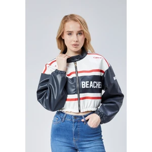 Kadın Deri Baskılı Şeritli Ceket Beli ve Kolu Lastikli Kolej Hakim Yaka Bomber Yarışçı Motorcu Mont