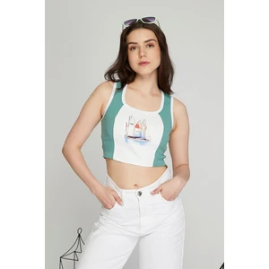 Black Level Kadın Deri Crop Ribana Kaşkorse Likralı Deri Garnili Baskılı Crop Büstiyer Deri Üzeri Baskılı Crop