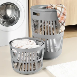 Meleni Home 2'li Solara Çamaşır Sepeti Seti - 60 Lt Kapak Detaylı Kirli Sepeti, 22 Lt Çamaşır Sepeti Gri