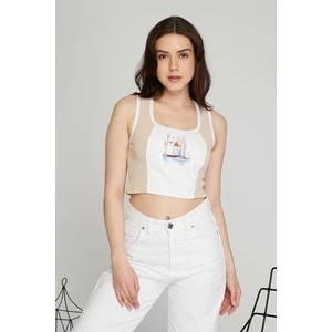 Black Level Kadın Deri Crop Ribana Kaşkorse Likralı Deri Garnili Baskılı Crop Büstiyer Deri Üzeri Baskılı Crop