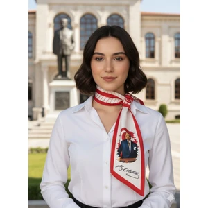 Tarzını Seç Atatürk Silüetli ve Imzalı Kırmızı-Beyaz Desenli Kravat / Eşarp / Fular