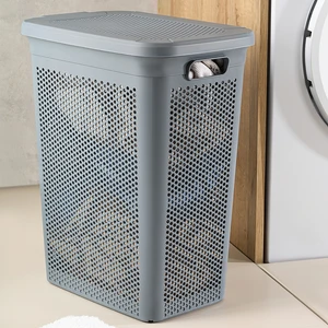 Meleni Home 40 Litre Kirli Çamaşır Sepeti - Kapaklı Delik Detaylı Stash Slim Kirli Sepeti Banyo Organizer Gri