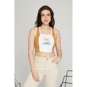 Black Level Kadın Deri Crop Ribana Kaşkorse Likralı Deri Garnili Baskılı Crop Büstiyer Deri Üzeri Baskılı Crop