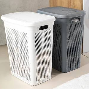 Meleni Home 2'li Kirli Çamaşır Sepeti Seti - 40 Litre Kapaklı Delik Detaylı Stash Slim Kirli Sepeti Beyaz Gri