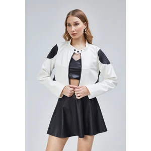 Black Level Kadın Oversize Fermuarlı Yaka Çıt Çıtlı Omuz ve Etek Beyaz Desenli Kolej Yarışçı Ceket Motorcu Mont