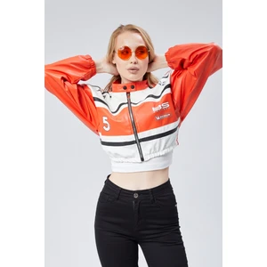 Kadın Deri Baskılı Şeritli Ceket Beli ve Kolu Lastikli Kolej Hakim Yaka Bomber Yarışçı Motorcu Mont