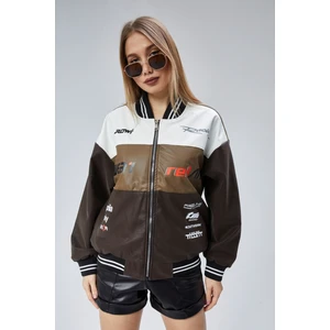 Kadın Oversize Baskılı Motorcu Yarışçı Montu Kolej Ceketi