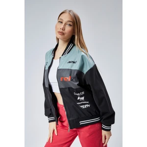 Kadın Oversize Baskılı Motorcu Yarışçı Montu Kolej Ceketi