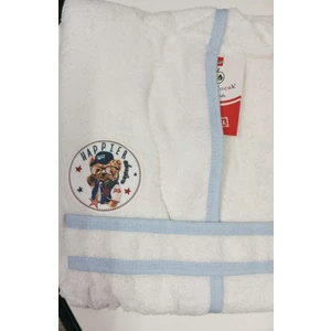 Erkek Çocuk Bornozu, Mavi-Beyaz, Pamuklu, Ayı Desenli