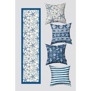 Mavi Marin Temalı Deniz Yıldızı Desenli 4 Kırlent Kılıfı ve 1 Runner Seti