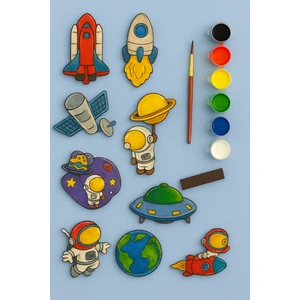 Uzay Gezegen Temalı 9'lu Ahşap Boyama ve Etkinlik Seti – Eğitici Çocuk Için Aktivite, Fırça Akrilik Boya ve Magnet Dahil, Okul Öncesi, Doğal Huş Ağacı