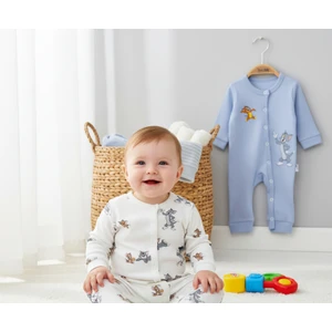 Erkek Bebek 0-3 Ay / 3-6 Ay Organik Yenidoğan Çıtçıtlı Manşetli 2'li Paket Bebek Tulum