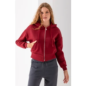 Kadın Tam Fermuarlı Kapüşonlu Cepli Kısa Oversize Sweatshirt Bordo - 2503
