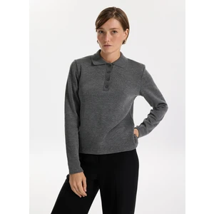 Polo Yaka Slim Fit Düz Gri Melanj Kazak Kadın F5WL-KZK0412