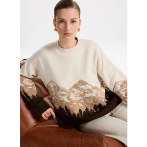 Bisiklet Yaka Loose Fit Jakarlı Ekru - Kahve Kazak Kadın F5WL-KZK0253