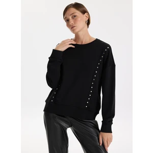 Bisiklet Yaka Taşlı Siyah Kadın Sweatshırt F5WL-SWT0038