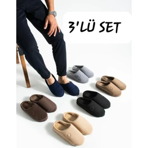 3'lü Set Erkek Ev Terliği Gondol Fitilli Kadife Nakışlı Yumuşak Sessiz Taban Kışlık Terlik