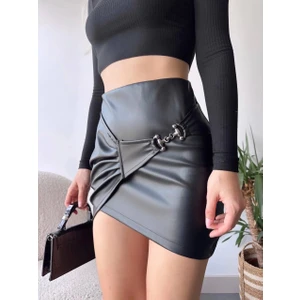 Tokalı Deri Etek Siyah S240097