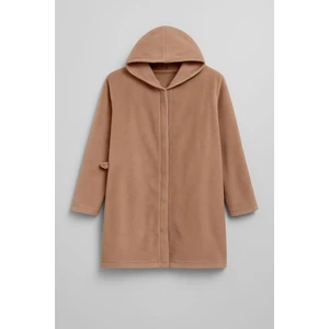 Kadın Kapüşonlu Yumuşak Kadife Dokulu Bej Sabahlık