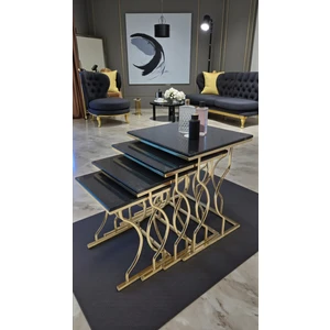 Arden Elite 4'lü Kare Zigon Sehpa Seti –gold(Altın) Renk Ayak - Siyah Mermer Desen Mdf