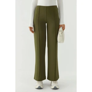 Kadın Modal Touch Nervür Detaylı Geniş Paça Pantolon Haki Yeşil