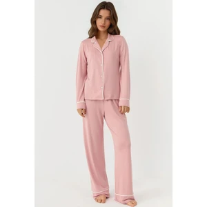 Kadın Gömlek Yakal Ekstra Yumuşak Rahat Kesim Uzun Kollu Pijama Takımı Toz Pembe