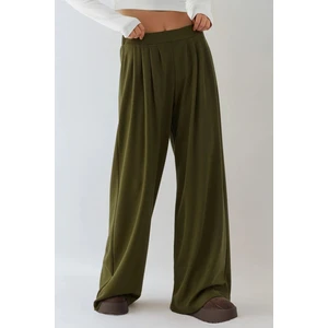 Kadın Modal Touch Pile Detaylı Geniş Paça Pantolon Haki Yeşil