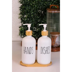 Cam ve Bambu Mutfak Sıvı Sabunluk Seti Beyaz Darbeye Dayanıklı Dekoratif 2 x 500 ml