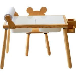 Woodnjoy  Doğal Ahşap Duyusal Çocuk Aktivite Masası Oyun Masası ve Çocuk Çalışma Masası 1 Sandalye Seti(Rulo Aparalı ve Kırtasiye İstasyonlu)