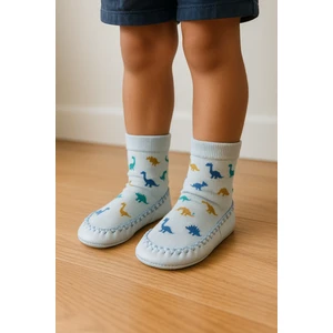 Katia & Bony Çocuk Dinozor Desenli Makosen Soket Çorap Patik Panduf – Kaydırmaz Ev & Anaokulu Ayakkabısı Mavi