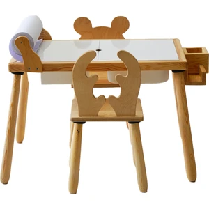Wood & Joy & Doğal Ahşap Duyusal Çocuk Aktivite Masası Oyun Masası ve Çocuk Çalışma Masası 2 Sandalye Seti(Rulo Aparatlı ve Kırtasiye Istasyonlu)