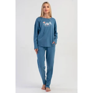 Kadın Mavi Renk Uzun Kollu Çiçek Desenli Interlok Pijama Takımı C2T6N0305