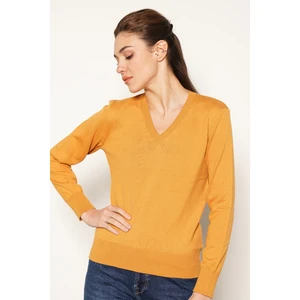 Trist Star Kadın Hardal %100 Organik Pamuk V Yaka Triko Kazak Bluz TRIST-6102
