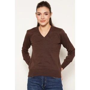 Trist Star Kadın Kahve %100  Organik Pamuk V Yaka Triko Kazak Bluz TRIST-6102