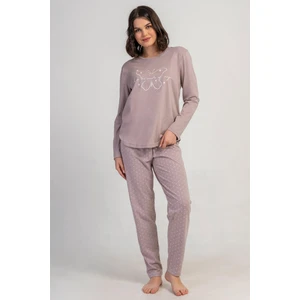 Kadın Açık Kahve Renk Uzun Kollu Bisiklet Yaka Baskılı Üst Puantiyeli Alt Pijama Takımı C9T0N0305