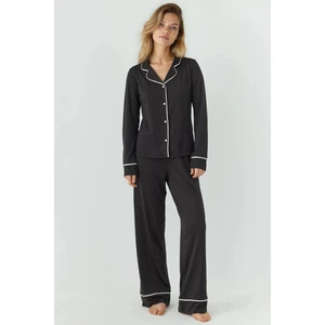 Kadın Gömlek Yakal Ekstra Yumuşak Rahat Kesim Uzun Kollu Pijama Takımı Siyah