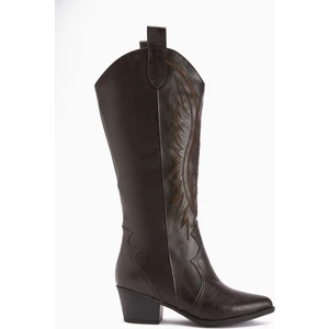 Kahverengi Nakışlı Kadın Kovboy Çizme Deri Malzeme ile 5 Cm Topuk Yüksekliği