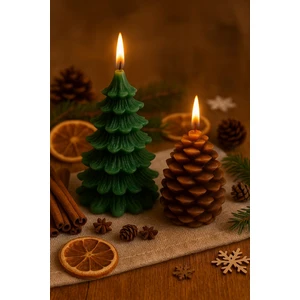 Deco Elit  2’li Set Yılbaşı Dekoratif Mum Seti – Çam Ağacı & Kozalak Şeklinde | El Yapımı Doğal Dekor Mumları