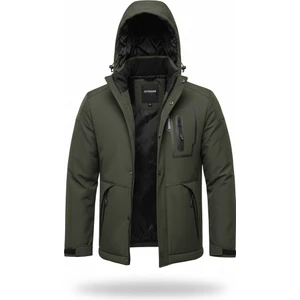 Mero Life Outdoor Kapüşonlu Su ve Rüzgar Geçirmez Kapitone Içi Kürklü Elyaf Dolgulu Şişme Haki Softshell Mont